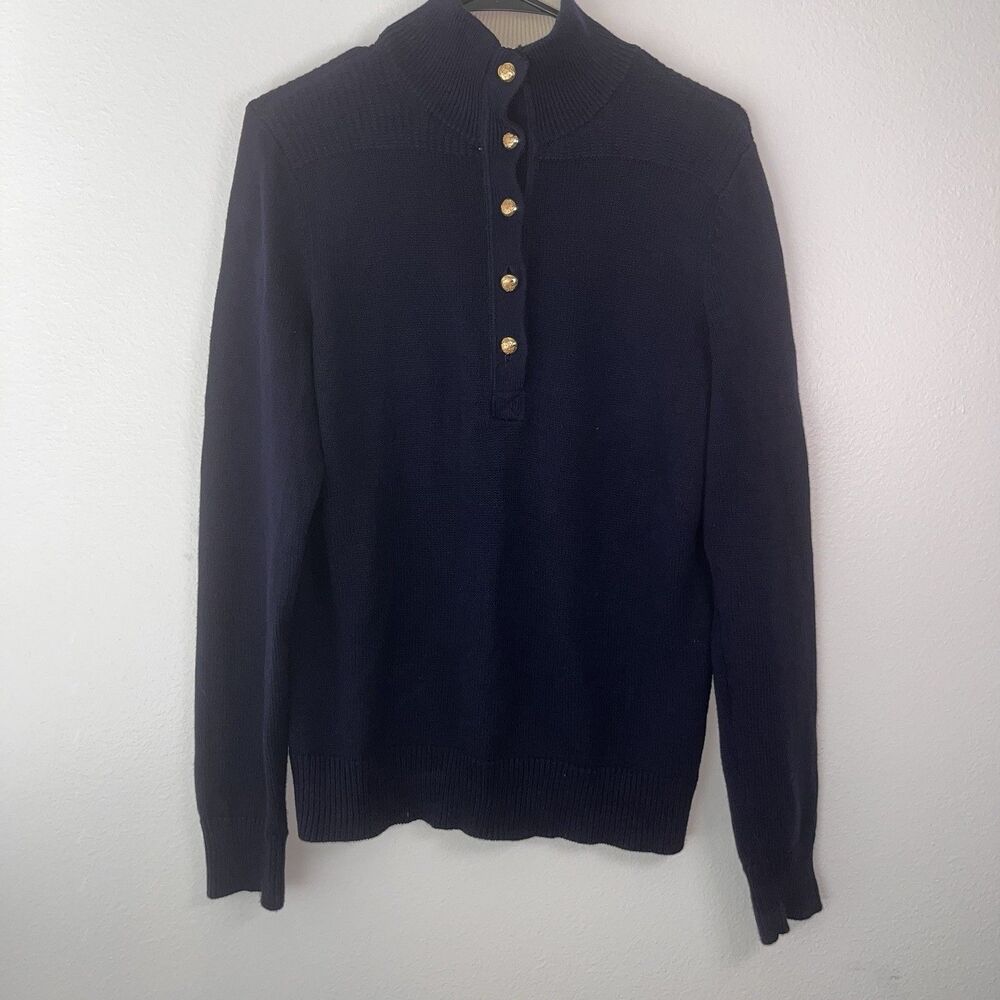 LRL Ralph Lauren Military Style Sweater L–Navy Blue Cotton Mock Neck Gold Button